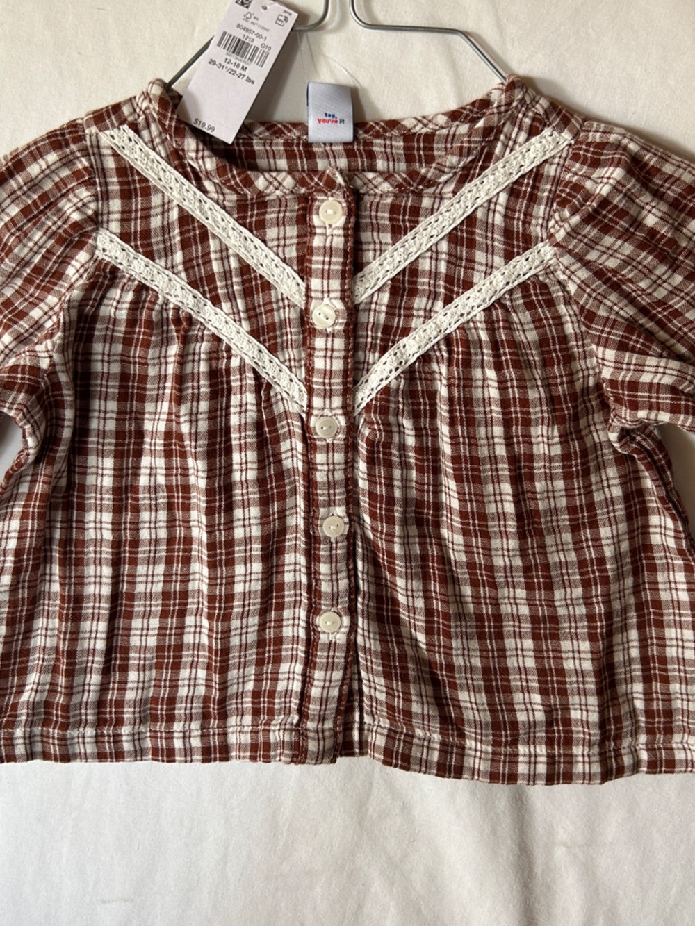 Old Navy Brown and White Plaid Button-Up Top with Lace Trim